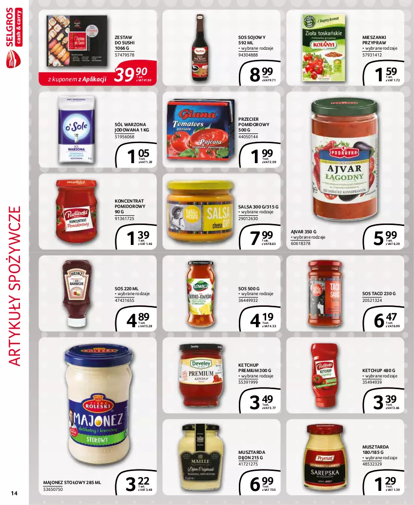 Gazetka promocyjna Selgros - Extra Oferta - ważna 01.12 do 31.12.2021 - strona 14 - produkty: Artykuły spożywcze, Ketchup, Koncentrat pomidorowy, Majonez, Mus, Musztarda, Salsa, Sól, Sos, Sos sojowy, Sushi, Zestaw do sushi