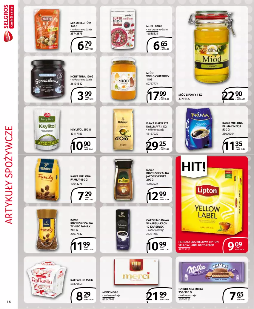 Gazetka promocyjna Selgros - Extra Oferta - ważna 01.12 do 31.12.2021 - strona 16 - produkty: Artykuły spożywcze, Cafissimo, Czekolada, Dallmayr, Fa, Herbata, Jacobs, Jacobs Velvet, Kawa, Kawa mielona, Kawa rozpuszczalna, Kawa ziarnista, Konfitura, Ksylitol, Lipton, Merci, Milka, Miód, Mus, Prima, Raffaello, Tchibo, Tchibo Family, Velvet