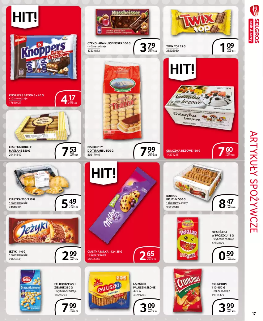 Gazetka promocyjna Selgros - Extra Oferta - ważna 01.12 do 31.12.2021 - strona 17 - produkty: Artykuły spożywcze, Baton, Biszkopty, Ciastka, Crunchips, Czekolada, Deser, Felix, Jeżyki, Knoppers, Lajkonik, Milka, Oranżada, Orzeszki, Orzeszki ziemne, Ser, Top, Twix