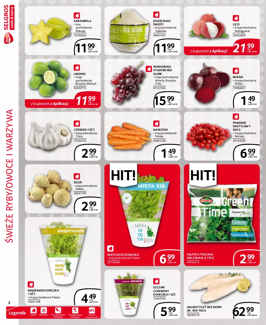 Gazetka promocyjna Selgros - Extra Oferta - ważna 01.12 do 31.12.2021 - strona 2 - produkty: Buraki, Czosnek, Halibut, Kokos, Liczi, Mięta, Owoce, Sałat, Sałatka, Sok, Warzywa, Wino, Winogrona