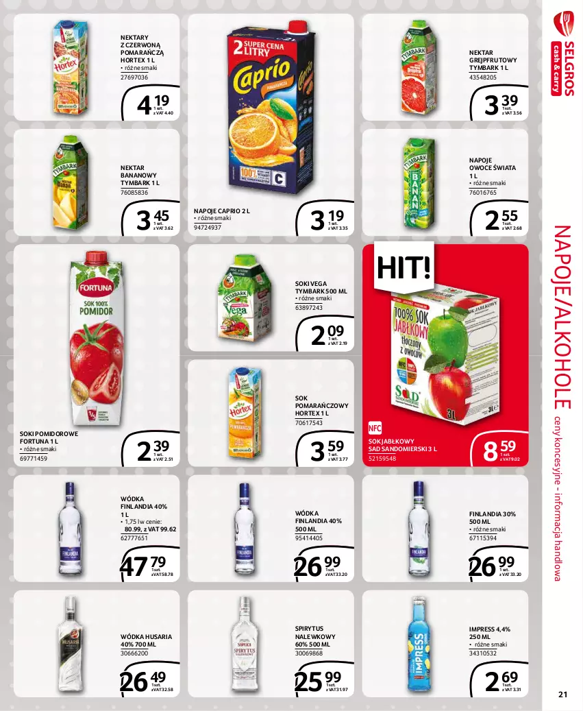 Gazetka promocyjna Selgros - Extra Oferta - ważna 01.12 do 31.12.2021 - strona 21 - produkty: Alkohole, Finlandia, Fortuna, Grejpfrut, Hortex, Napoje, Nektar, Nektar bananowy, Owoce, Sok, Sok jabłkowy, Sok pomarańczowy, Tymbark, Wódka