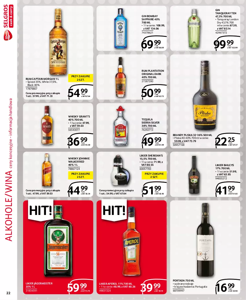 Gazetka promocyjna Selgros - Extra Oferta - ważna 01.12 do 31.12.2021 - strona 22 - produkty: Alkohole, Aperol, Brandy, Captain Morgan, Gin, Gra, Johnnie Walker, Lack, Likier, Plantation, Pliska, Por, Portada, Rum, Tequila, Whisky