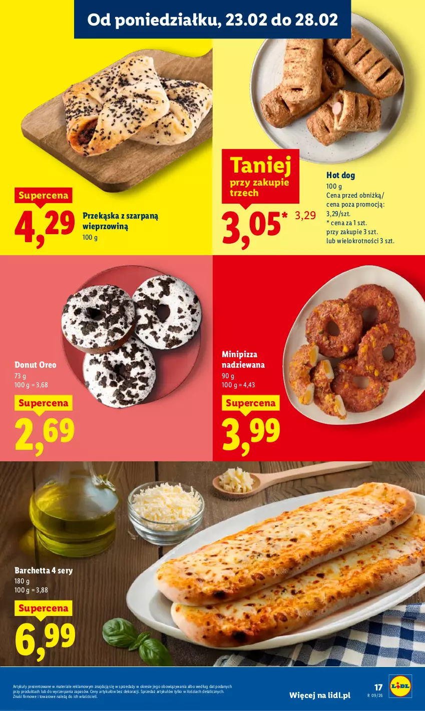 Gazetka promocyjna Lidl - Oferta ważna od 23.02 do 25.02 - ważna 23.02 do 25.02.2026 - strona 17 - produkty: Donut, Hot dog, Oreo, Pizza, Ser