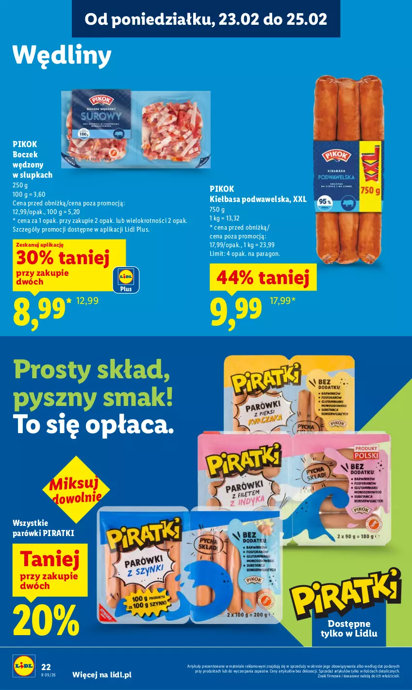 Gazetka promocyjna Lidl - Oferta ważna od 23.02 do 25.02 - ważna 23.02 do 25.02.2026 - strona 22 - produkty: Boczek, Kiełbasa, Kiełbasa podwawelska, Parówki, PIKOK, Wawel