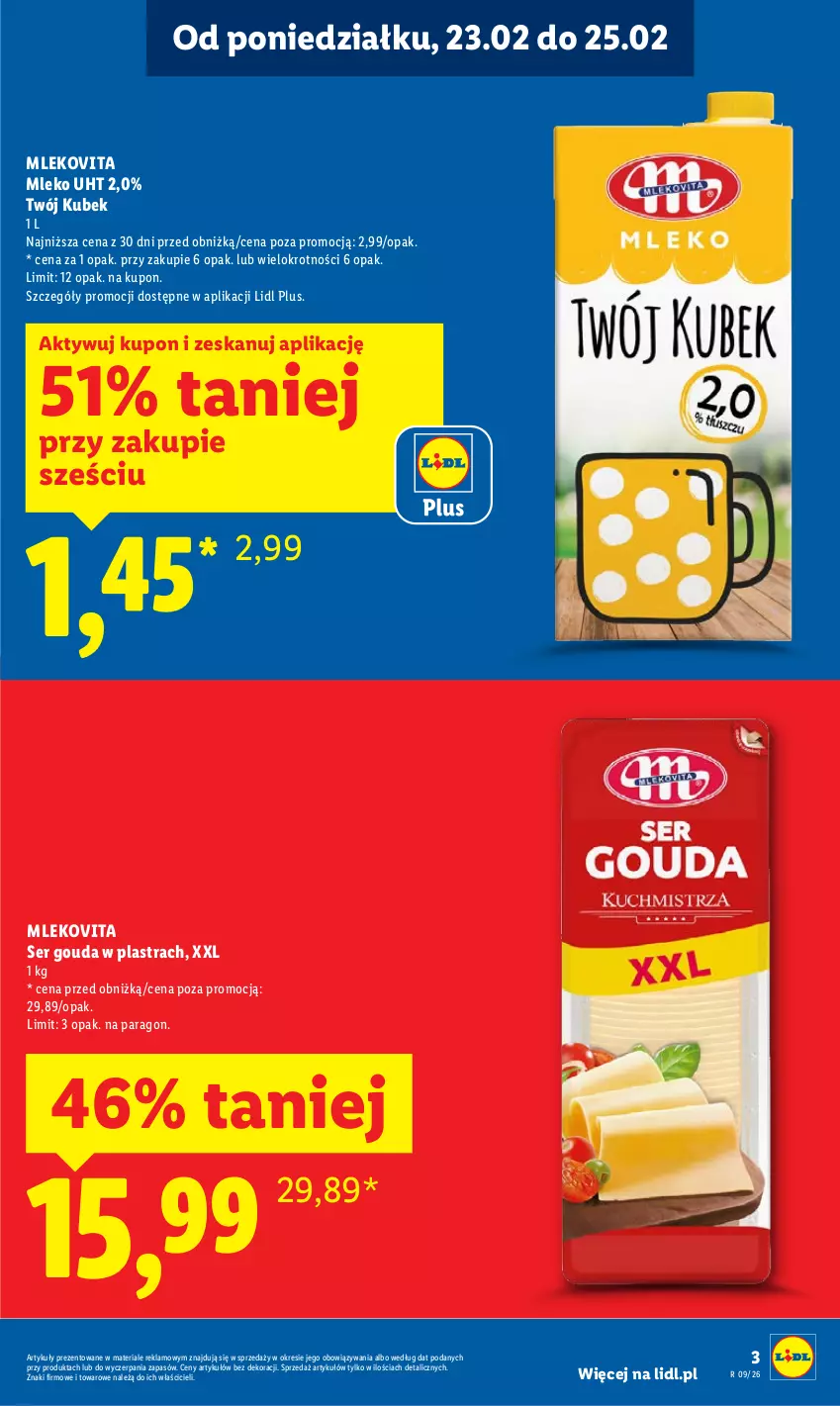 Gazetka promocyjna Lidl - Oferta ważna od 23.02 do 25.02 - ważna 23.02 do 25.02.2026 - strona 3 - produkty: Gouda, Kubek, Mleko, Mlekovita, Ser