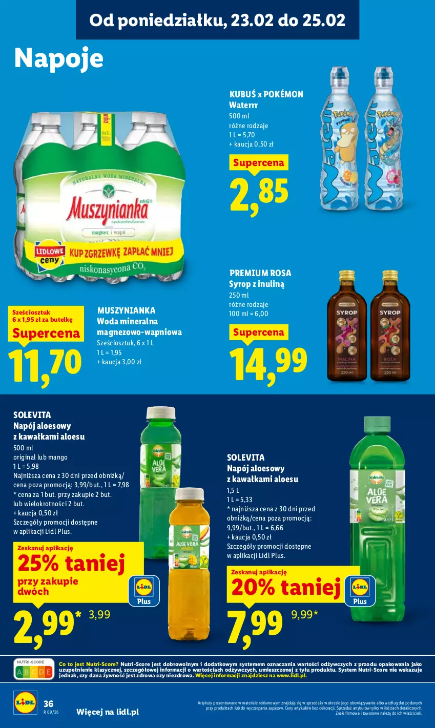 Gazetka promocyjna Lidl - Oferta ważna od 23.02 do 25.02 - ważna 23.02 do 25.02.2026 - strona 36 - produkty: Gin, Kawa, Kubuś, Magnez, Mango, Mus, Muszynianka, Napój, Napoje, Pokémon, Syrop, Woda, Woda mineralna
