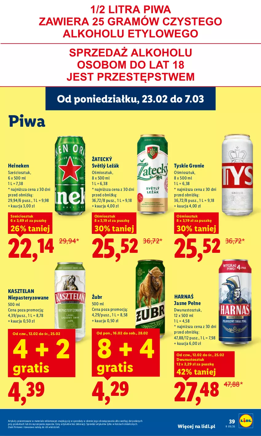 Gazetka promocyjna Lidl - Oferta ważna od 23.02 do 25.02 - ważna 23.02 do 25.02.2026 - strona 39 - produkty: Gra, Harnaś, Heineken, Kasztelan, Piwa, Tyskie