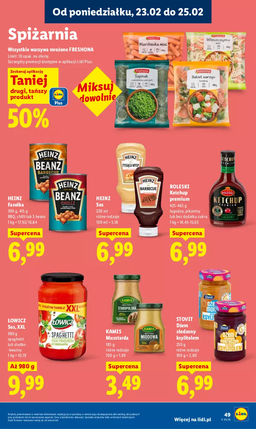 Gazetka promocyjna Lidl - Oferta ważna od 23.02 do 25.02 - ważna 23.02 do 25.02.2026 - strona 49 - produkty: Dżem, Fa, Heinz, Kamis, Ketchup, Ksylitol, Mus, Musztarda, Sos, Spaghetti, Warzywa