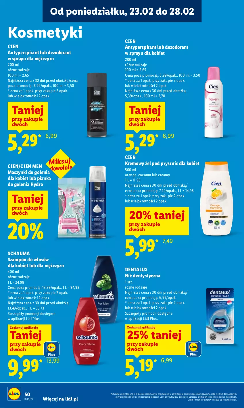 Gazetka promocyjna Lidl - Oferta ważna od 23.02 do 25.02 - ważna 23.02 do 25.02.2026 - strona 50 - produkty: Antyperspirant, Dezodorant, Nić dentystyczna, Pianka do golenia, Schauma, Szampon