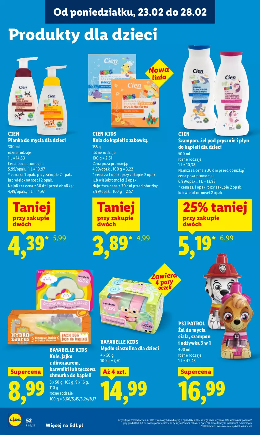 Gazetka promocyjna Lidl - Oferta ważna od 23.02 do 25.02 - ważna 23.02 do 25.02.2026 - strona 52 - produkty: Bell, Dinozaur, Dzieci, Kula do kąpieli, Mydło, Odżywka, Płyn do kąpieli, Psi Patrol, Szampon