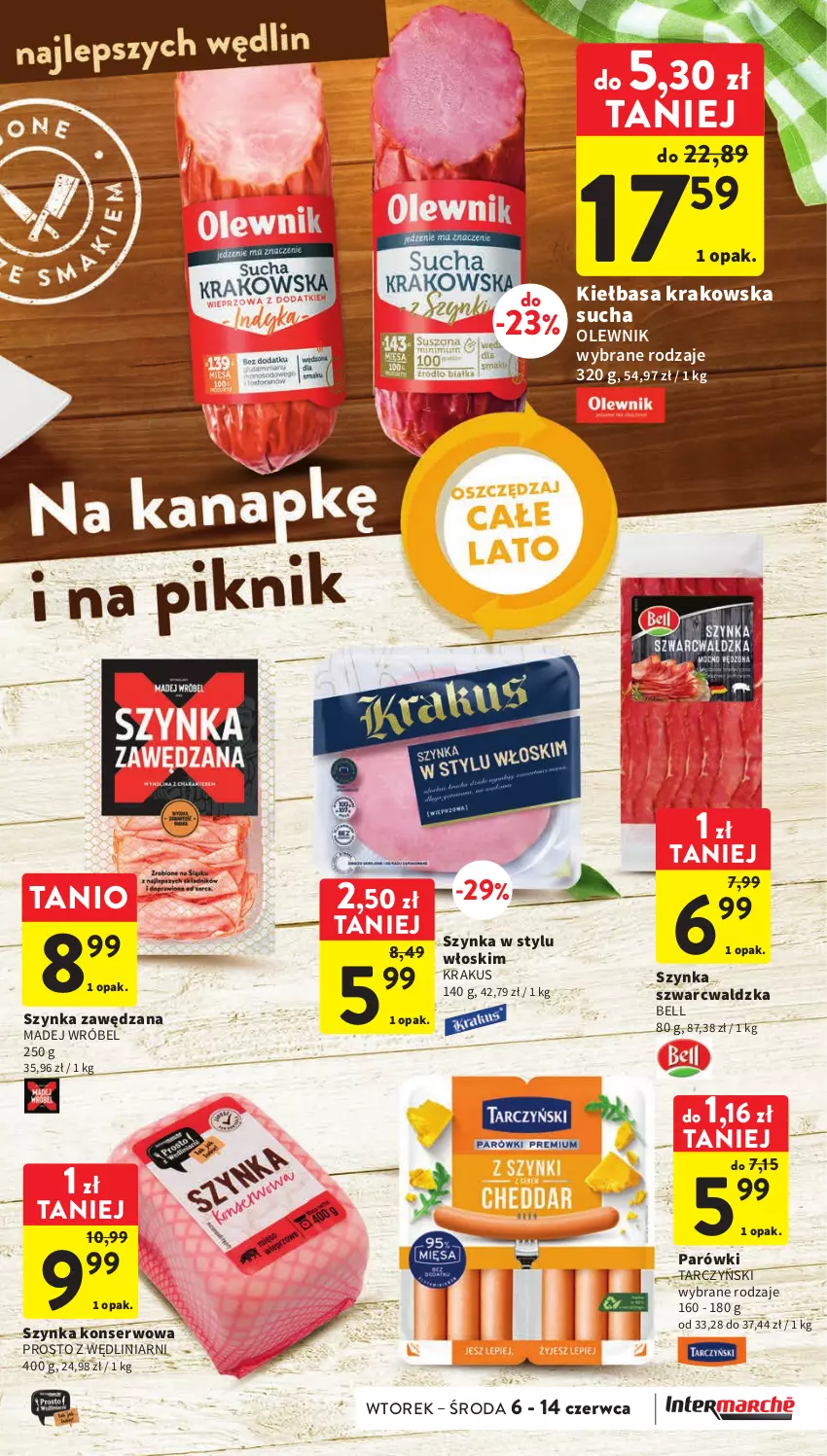 Gazetka promocyjna Intermarche - Gazetka Intermarche - ważna 06.06 do 14.06.2023 - strona 21 - produkty: Bell, Kiełbasa, Kiełbasa krakowska, Krakus, Madej Wróbel, Olewnik, Parówki, Ser, Szynka, Szynka konserwowa, Tarczyński