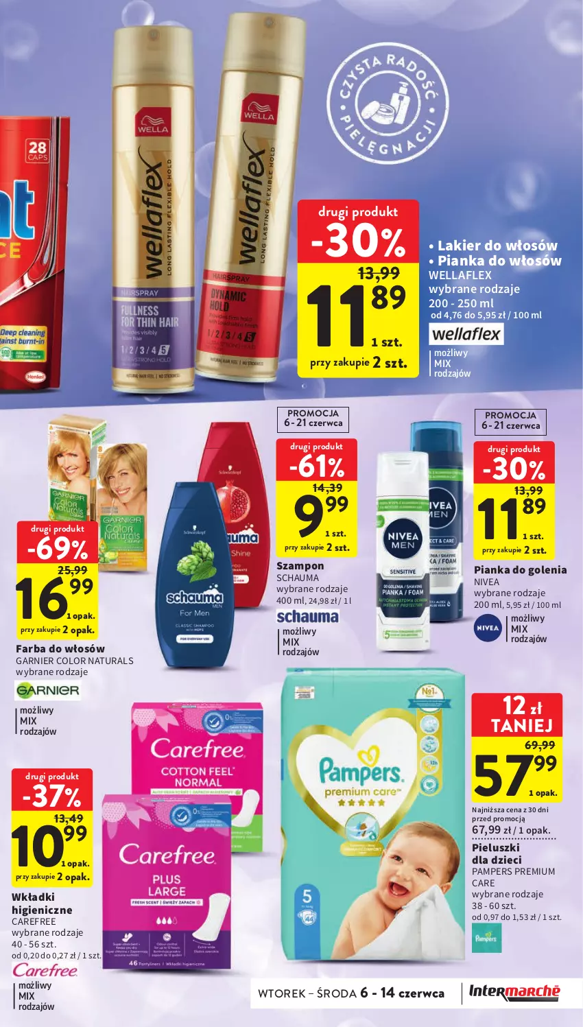 Gazetka promocyjna Intermarche - Gazetka Intermarche - ważna 06.06 do 14.06.2023 - strona 35 - produkty: Carefree, Dzieci, Fa, Farba do włosów, Garnier, Lakier, Lakier do włosów, Nivea, Pampers, Pianka do golenia, Pianka do włosów, Schauma, Szampon, Wella, Wellaflex, Wkładki