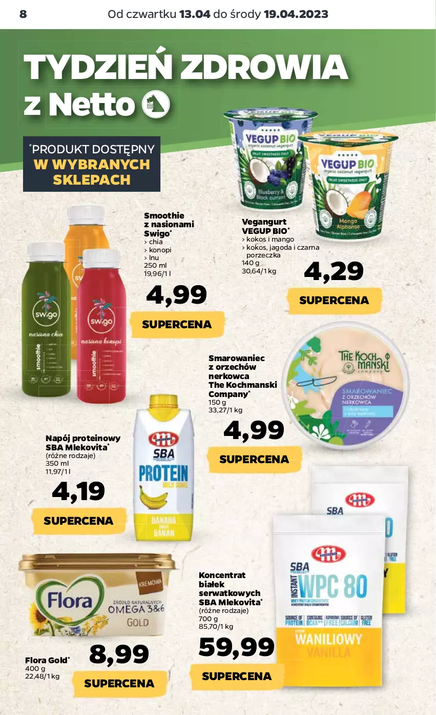 Gazetka promocyjna Netto - Artykuły spożywcze - ważna 13.04 do 19.04.2023 - strona 8 - produkty: Chia, Flora, Koc, Kokos, Mango, Mleko, Mlekovita, Napój, Por, Ser, Smoothie, Vegangurt