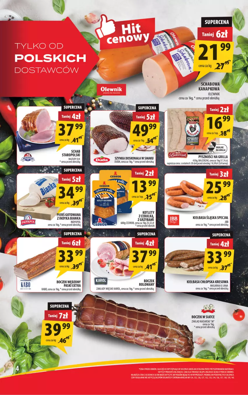 Gazetka promocyjna Arhelan - Gazetka - ważna 28.06 do 07.07.2024 - strona 4 - produkty: Bianka, Boczek, Duda, Grill, Kiełbasa, Kiełbasa śląska, Kotlet, Olewnik, Szynka