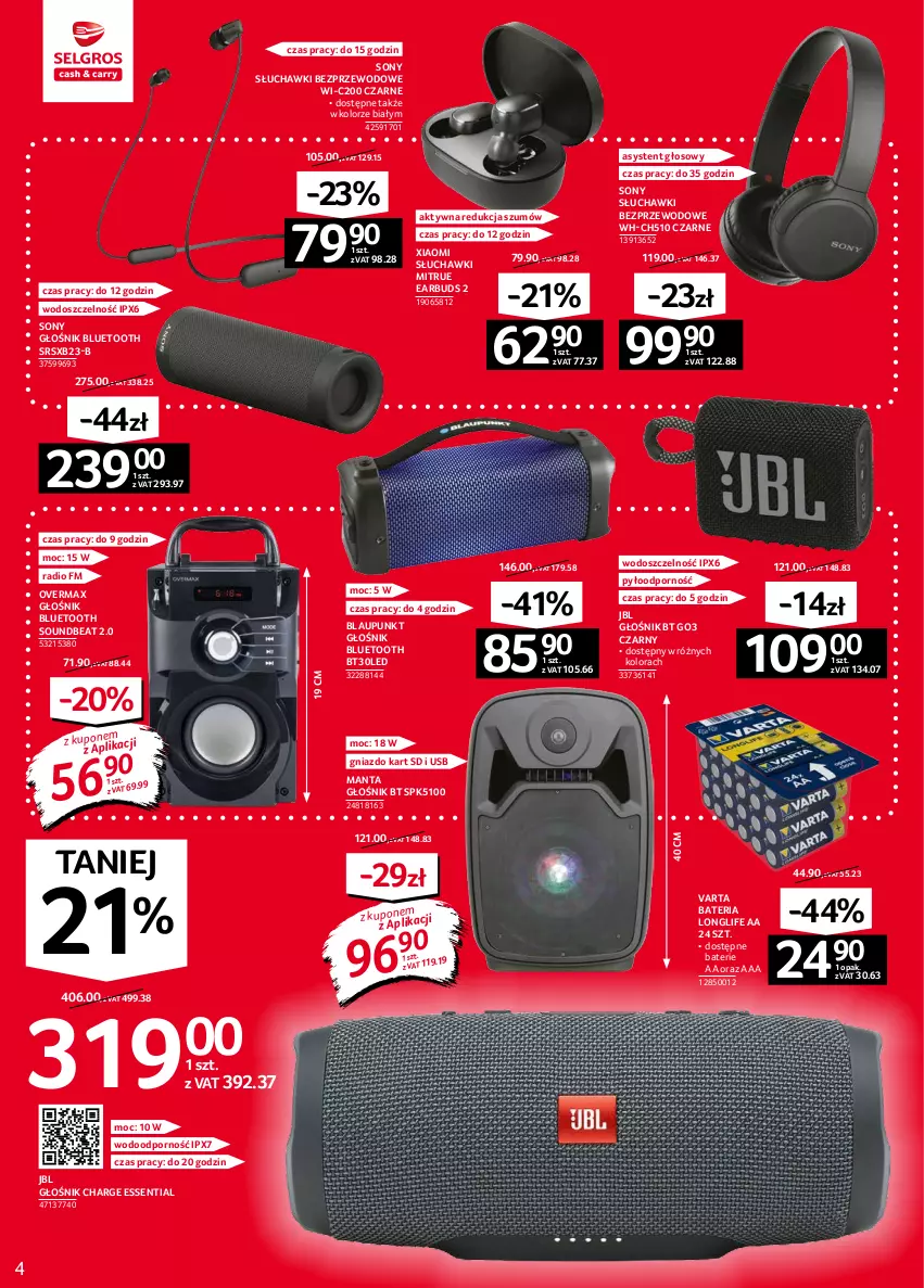 Gazetka promocyjna Selgros - Oferta przemysłowa - ważna 16.09 do 29.09.2021 - strona 4 - produkty: Bateria, Głośnik, Głośnik bluetooth, JBL, Manta, Por, Słuchawki, Słuchawki bezprzewodowe, Sony, Varta