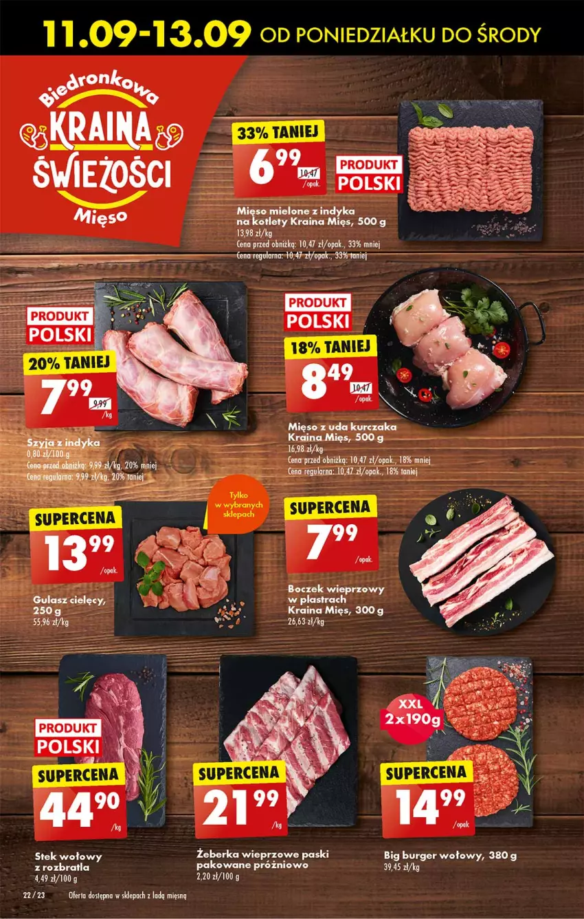 Gazetka promocyjna Biedronka - Od poniedzialku - ważna 11.09 do 16.09.2023 - strona 22 - produkty: Boczek, Boczek wieprzowy, Burger, Kotlet, Mięso, Mięso mielone, Rurki, Stek, Stek wołowy