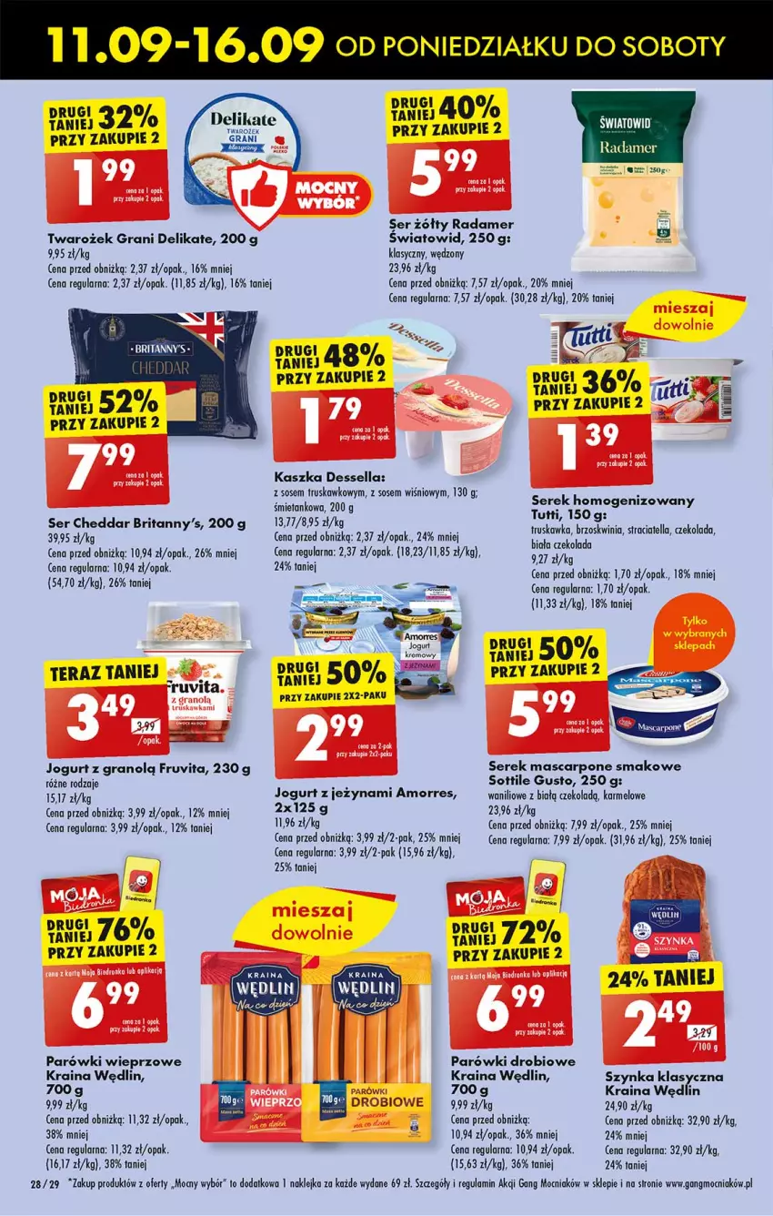 Gazetka promocyjna Biedronka - Od poniedzialku - ważna 11.09 do 16.09.2023 - strona 28 - produkty: Brit, Brita, Cheddar, Czekolada, Gra, Jogurt, Klej, Mascarpone, Parówki, Radamer, Ser, Serek, Serek homogenizowany, Sos, Szynka, Tera