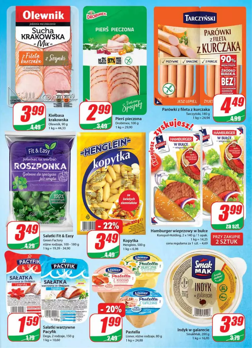 Gazetka promocyjna Dino - Gazetka - ważna 29.09 do 05.10.2021 - strona 15 - produkty: Burger, Dega, Drobimex, Fa, Hamburger, Kiełbasa, Kurczak, Lisner, Parówki, Pastella, Piec, Por, Roszponka, Sałat, Sałatka, Sałatka warzywna, Tarczyński