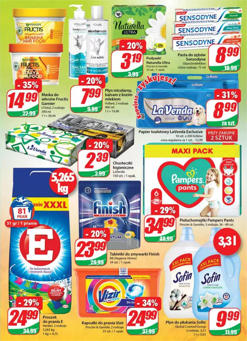 Gazetka promocyjna Dino - Gazetka - ważna 29.09 do 05.10.2021 - strona 23 - produkty: Chusteczki, Finish, Fructis, Garnier, Kapsułki do prania, Majtki, Maska, Naturell, Naturella, Pampers, Papier, Papier toaletowy, Pasta do zębów, Pieluchomajtki, Płyn do płukania, Płyn micelarny, Podpaski, Proszek do prania, Sensodyne, Tablet, Tabletki do zmywarki, Vizir, Zmywarki