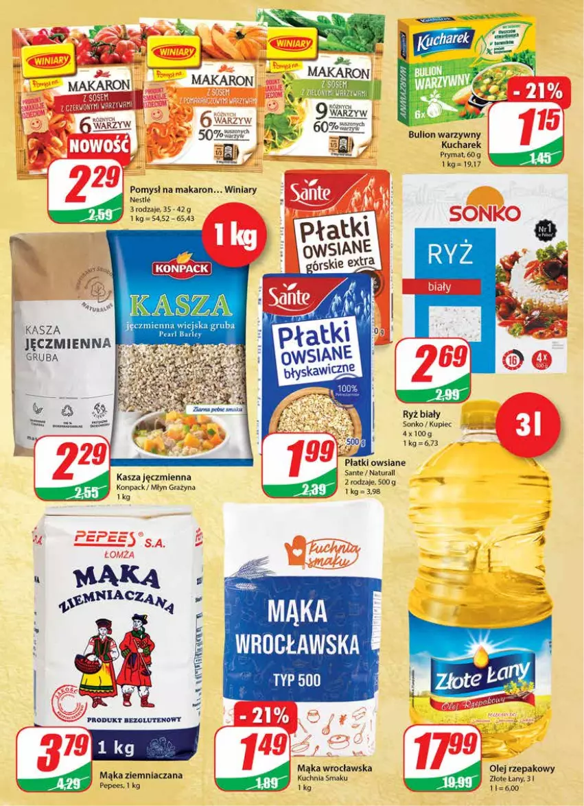 Gazetka promocyjna Dino - Gazetka - ważna 29.09 do 05.10.2021 - strona 7 - produkty: Bulion, EPEE, Gra, Kasza, Kucharek, Kuchnia, Kupiec, Lion, Mąka, Makaron, Olej, Olej rzepakowy, Piec, Płatki owsiane, Prymat, Ryż, Ryż biały, Sante, Sonko, Sos, Warzywa, Winiary