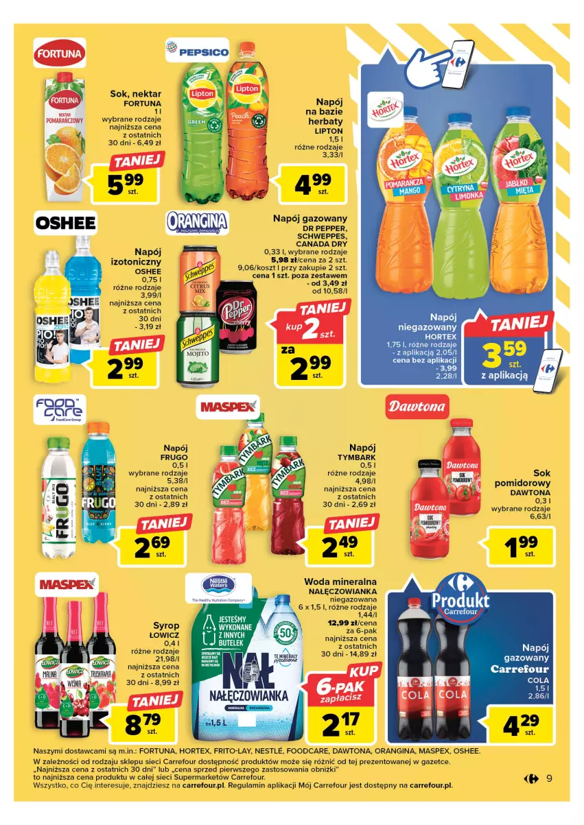 Gazetka promocyjna Carrefour - Gazetka Market - ważna 09.05 do 20.05.2023 - strona 9 - produkty: Dawtona, Fortuna, Gin, Hortex, Kosz, Lipton, Nałęczowianka, Napój, Napój gazowany, Napój niegazowany, Nektar, Oshee, Pepsi, Schweppes, Sok, Sok pomidorowy, Syrop, Tymbark, Woda, Woda mineralna