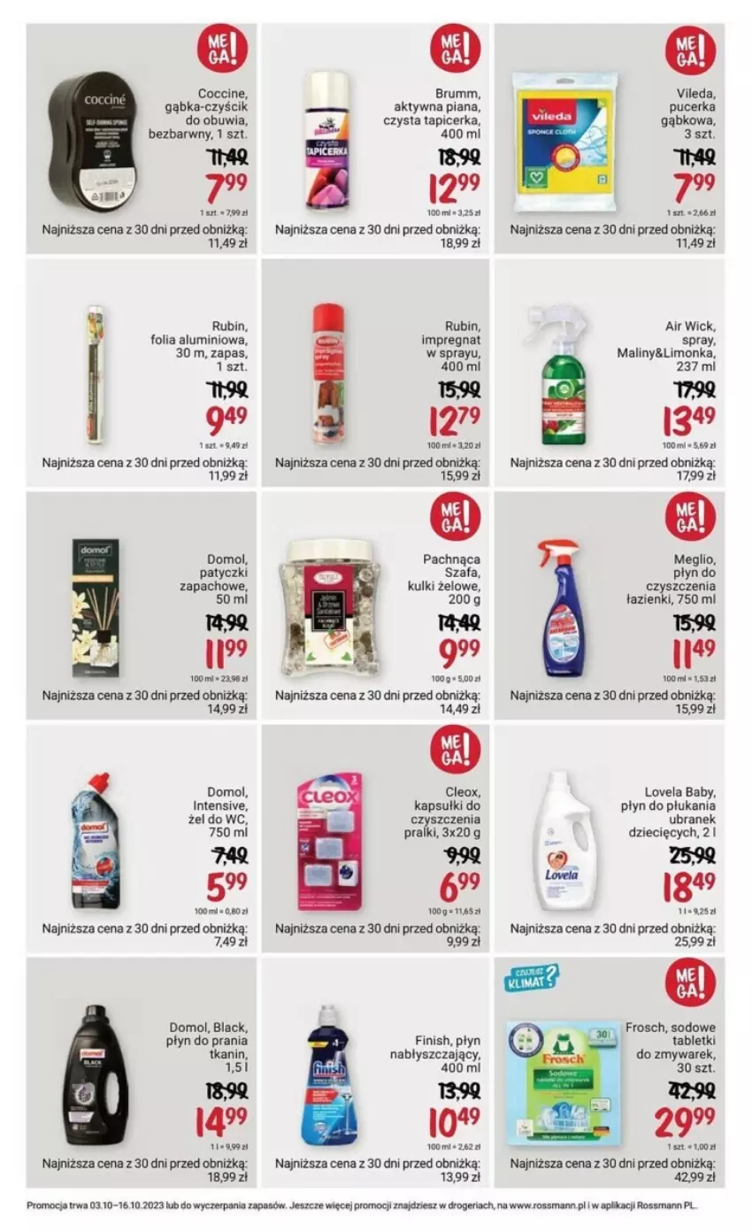 Gazetka promocyjna Rossmann - ważna 03.10 do 16.10.2023 - strona 13 - produkty: Air Wick, Domol, Dzieci, Fa, Finish, Folia aluminiowa, Frosch, Lack, Limonka, Lovela, Maliny, Płyn do płukania, Płyn do prania, Płyn nabłyszczający, Pralki, Rubin, Rum, Szafa, Tablet, Tapicerka, Vileda