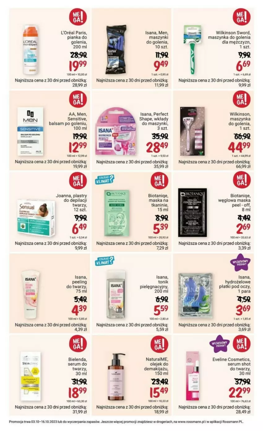 Gazetka promocyjna Rossmann - ważna 03.10 do 16.10.2023 - strona 16 - produkty: Balsam po goleniu, Bielenda, Eveline, Hydrożelowe płatki pod oczy, Isana, Joanna, Makijaż, Maska, Maszynka, Maszynka do golenia, Olej, Olejek do demakijażu, Peeling, Plastry do depilacji, Rum, Ser, Serum, Szynka, Tonik