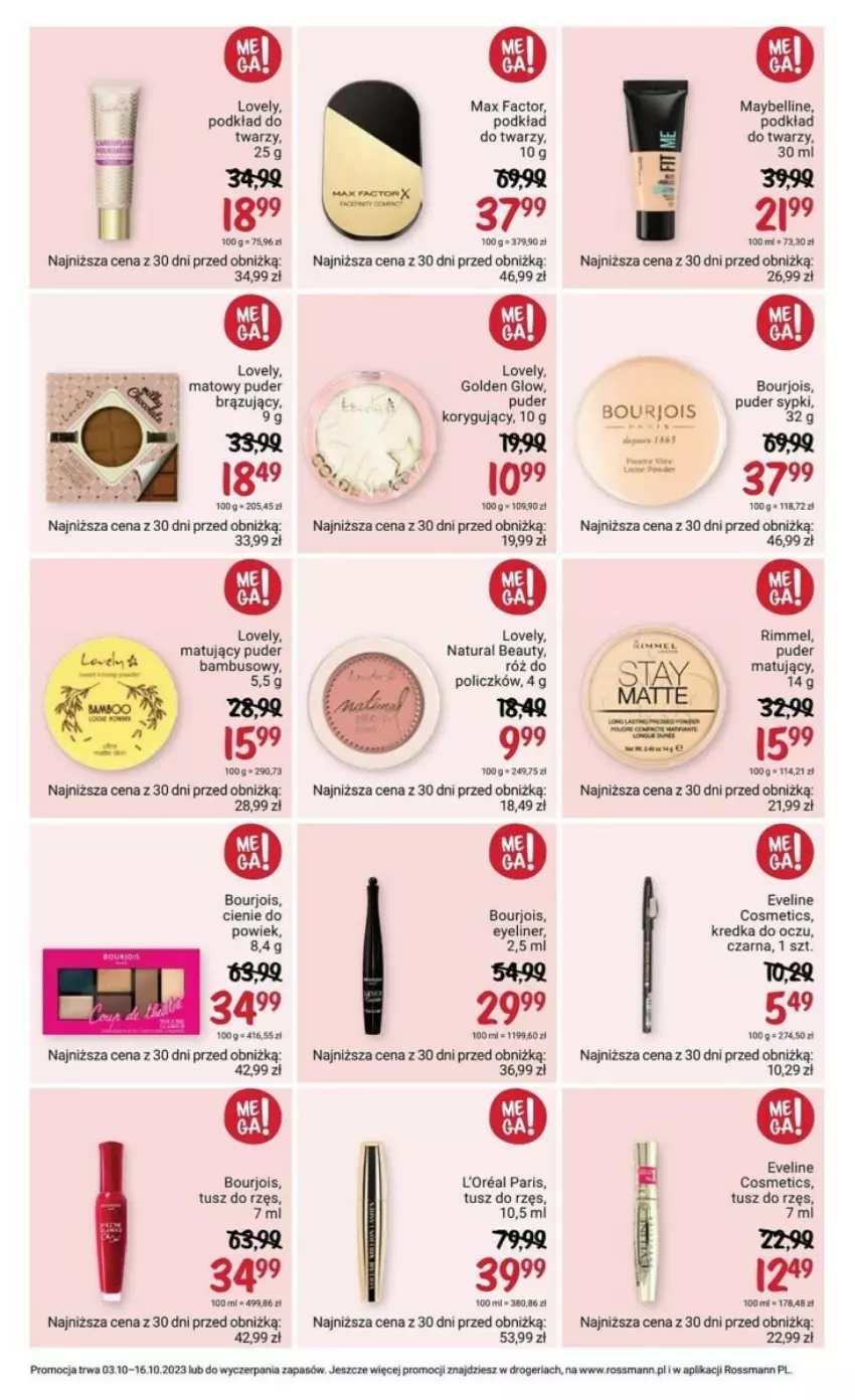 Gazetka promocyjna Rossmann - ważna 03.10 do 16.10.2023 - strona 3 - produkty: Bell, Bourjois, Eveline, Fa, Kredka, Lovely, Max Factor, Maybelline, Podkład, Podkład do twarzy, Puder, Róż do policzków, Tusz