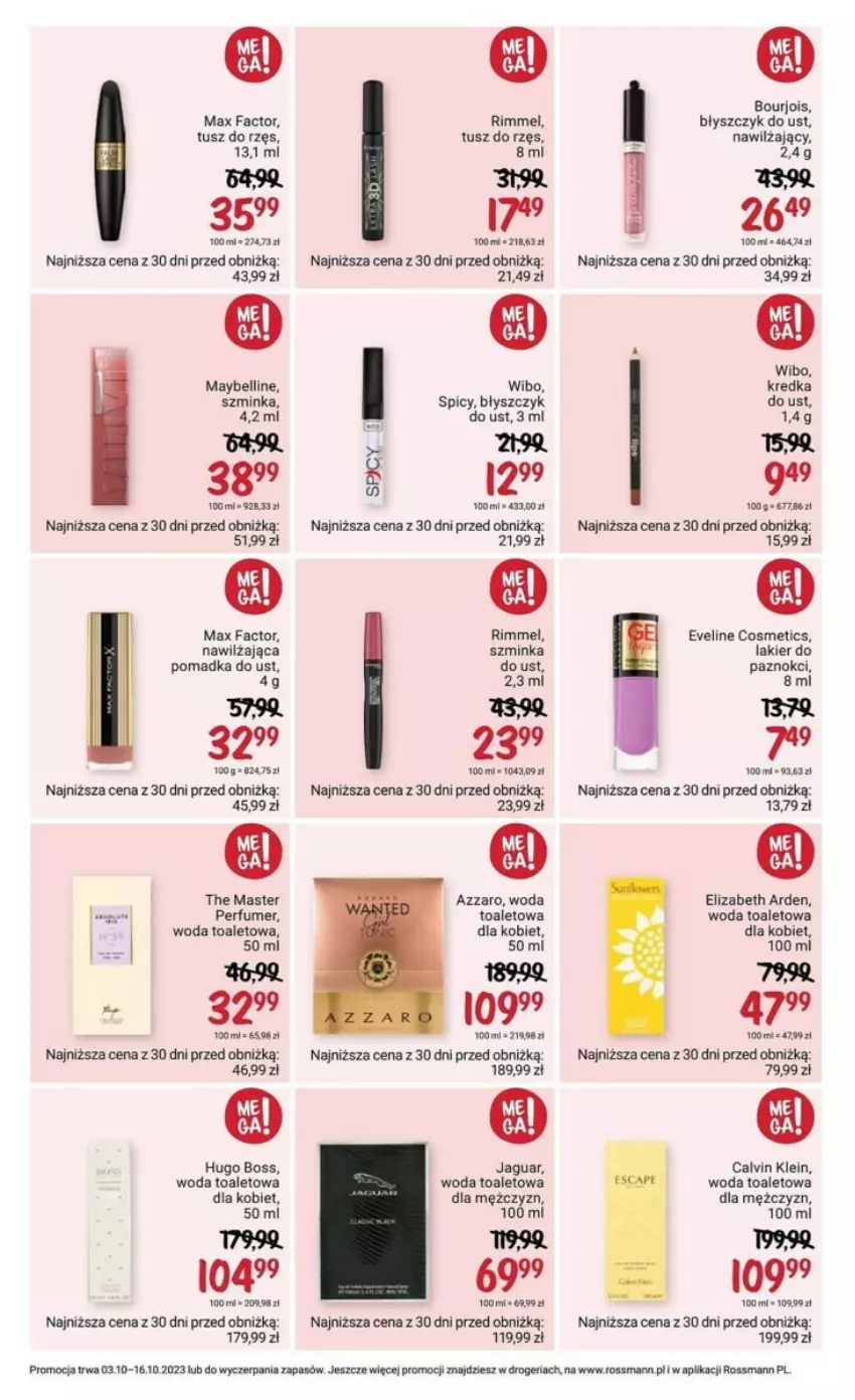 Gazetka promocyjna Rossmann - ważna 03.10 do 16.10.2023 - strona 4 - produkty: Azzaro, Bell, Błyszczyk do ust, Bourjois, Calvin Klein, Elizabeth Arden, Eveline, Fa, Inka, Kredka, Lakier, Max Factor, Maybelline, Perfum, Szminka, Tusz, Wibo, Woda, Woda toaletowa