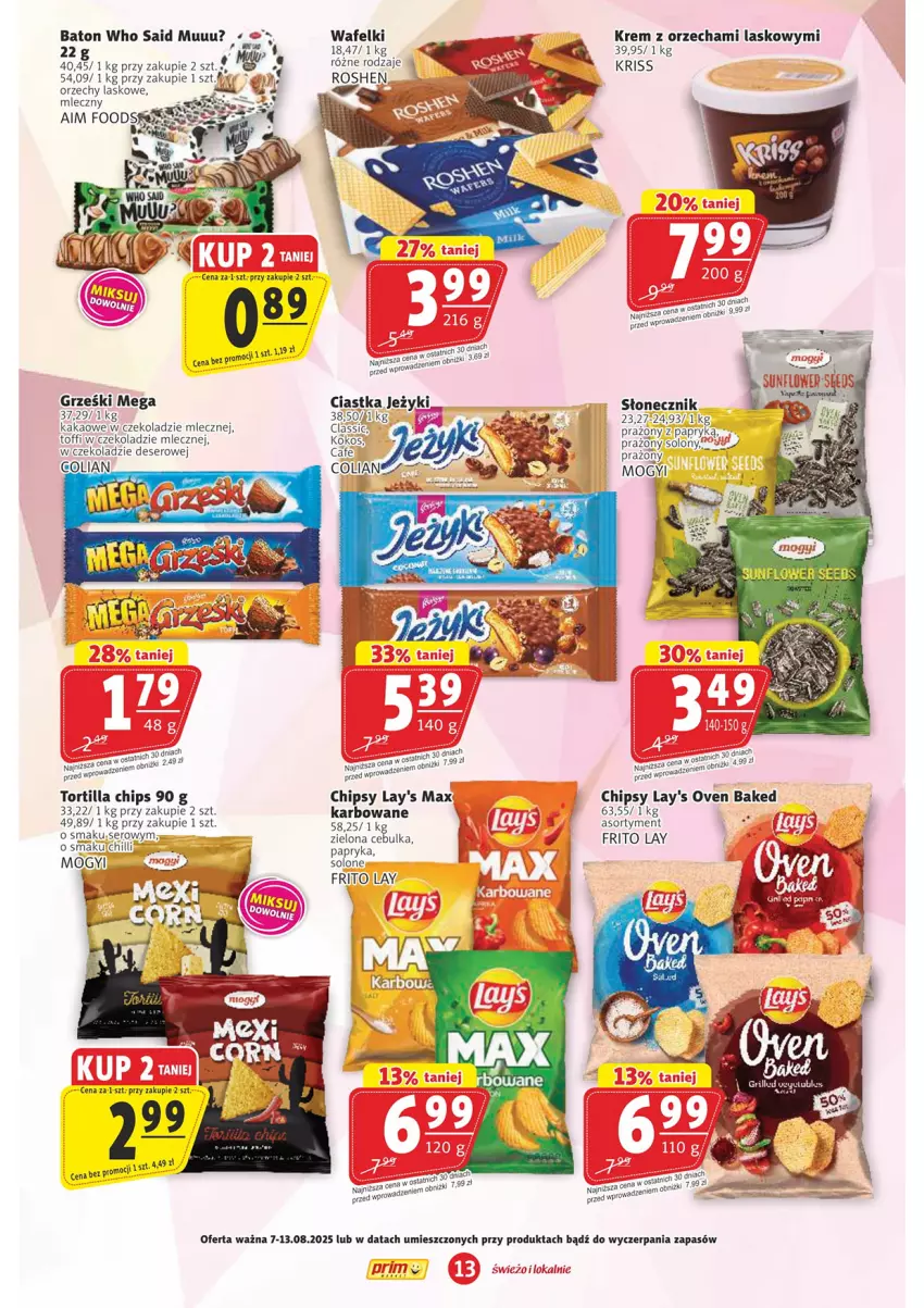 Gazetka promocyjna Prim Market - ważna 07.08 do 13.08.2025 - strona 13 - produkty: Baton, Chipsy, Ciastka, Deser, Jeżyki, Kakao, Kokos, Papryka, Ser, Tortilla, Tortilla Chips