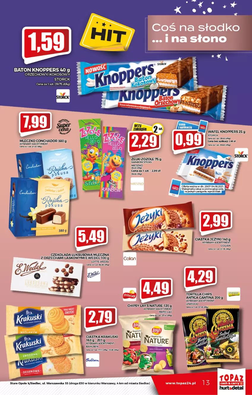 Gazetka promocyjna Topaz - Gazetka - ważna 29.07 do 04.08.2021 - strona 13 - produkty: Baton, Chipsy, Ciastka, Czekolada, Jeżyki, Knoppers, Kokos, Krakus, Krakuski, Mleczko, Top, Tortilla, Tortilla Chips