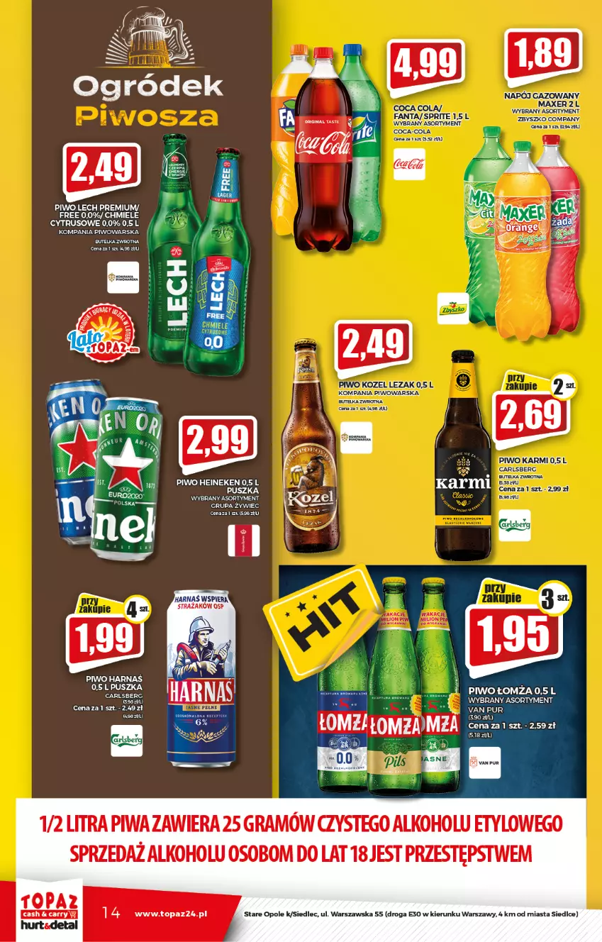 Gazetka promocyjna Topaz - Gazetka - ważna 29.07 do 04.08.2021 - strona 14 - produkty: Gra, Harnaś, Heineken, Karmi, Kozel, Lech Premium, Maxer, Piwa, Piwo, Pur, Top