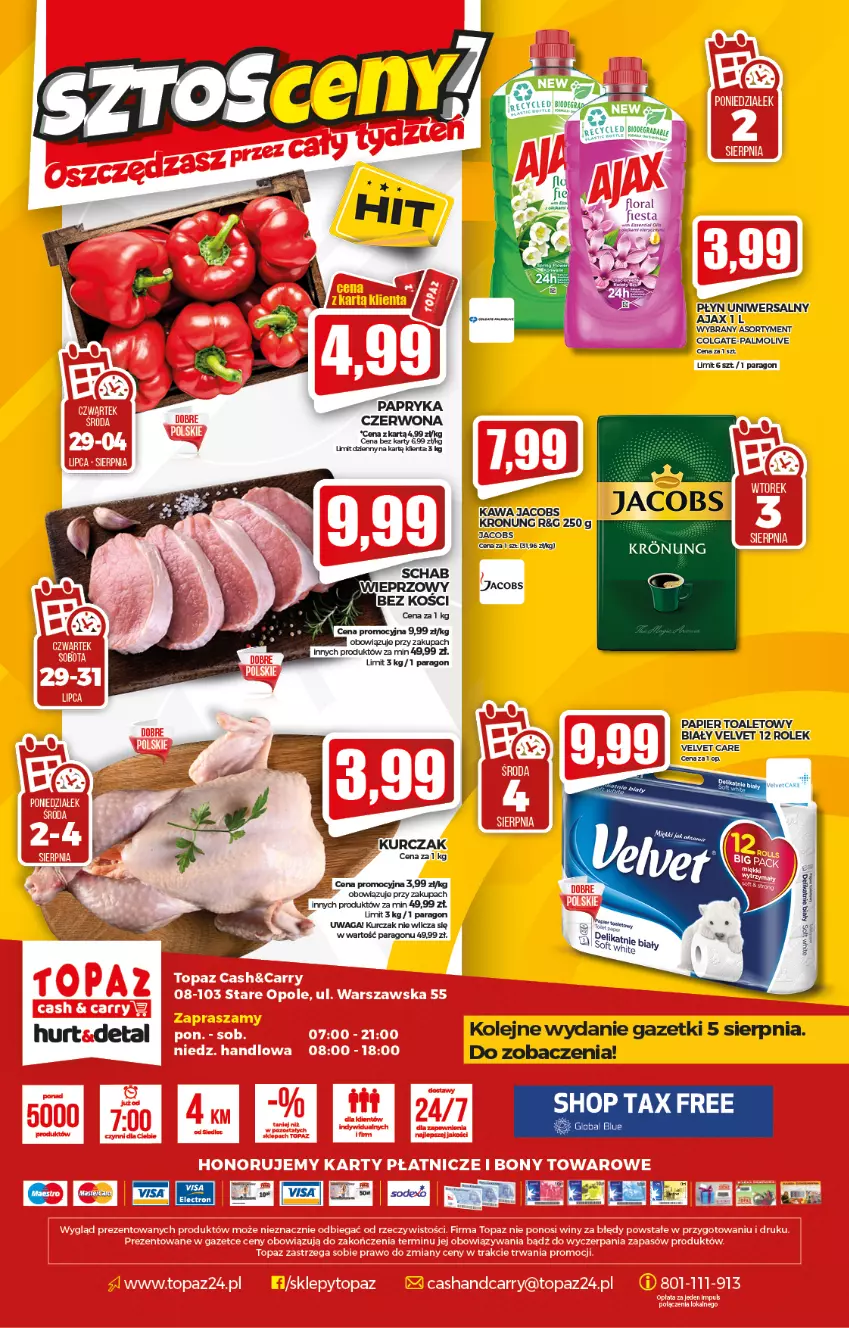 Gazetka promocyjna Topaz - Gazetka - ważna 29.07 do 04.08.2021 - strona 20 - produkty: Colgate, Gra, Jacobs, Kurczak, LG, Olej, Palmolive, Papier, Papier toaletowy, Velvet, Waga