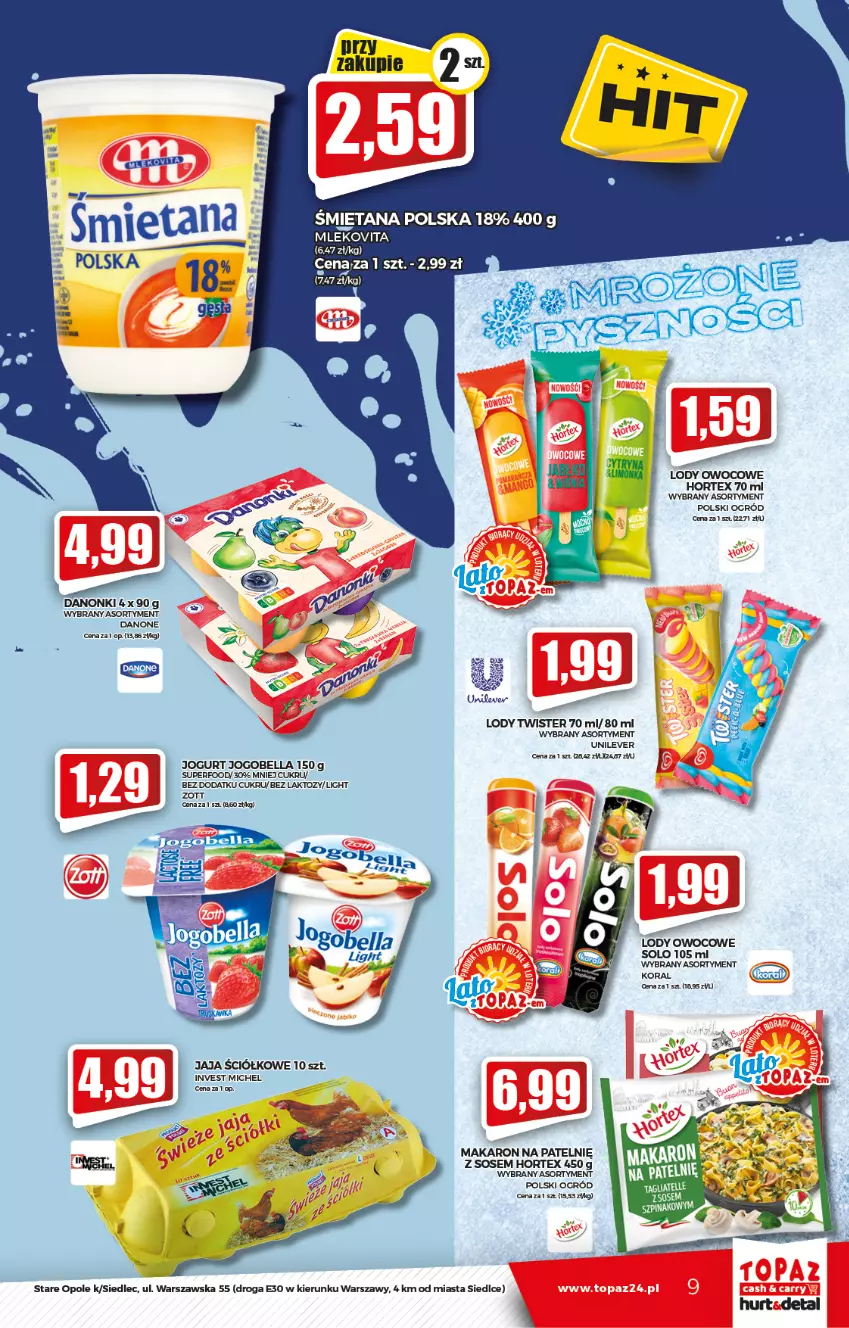 Gazetka promocyjna Topaz - Gazetka - ważna 29.07 do 04.08.2021 - strona 9 - produkty: Bell, Bella, Danone, Danonki, Hortex, Jaja, Jogobella, Jogurt, Lody, Makaron, Mleko, Mlekovita, Ogród, Sos, Zott