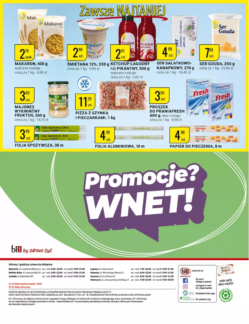 Gazetka promocyjna Bi1 - Nowy Rok - ważna 27.12 do 31.12.2022 - strona 20 - produkty: Dres, Fa, Folia aluminiowa, Gouda, Gra, Ketchup, Majonez, Makaron, Papier, Papier do pieczenia, Piec, Pieczarka, Pizza, Proszek do prania, Sałat, Ser