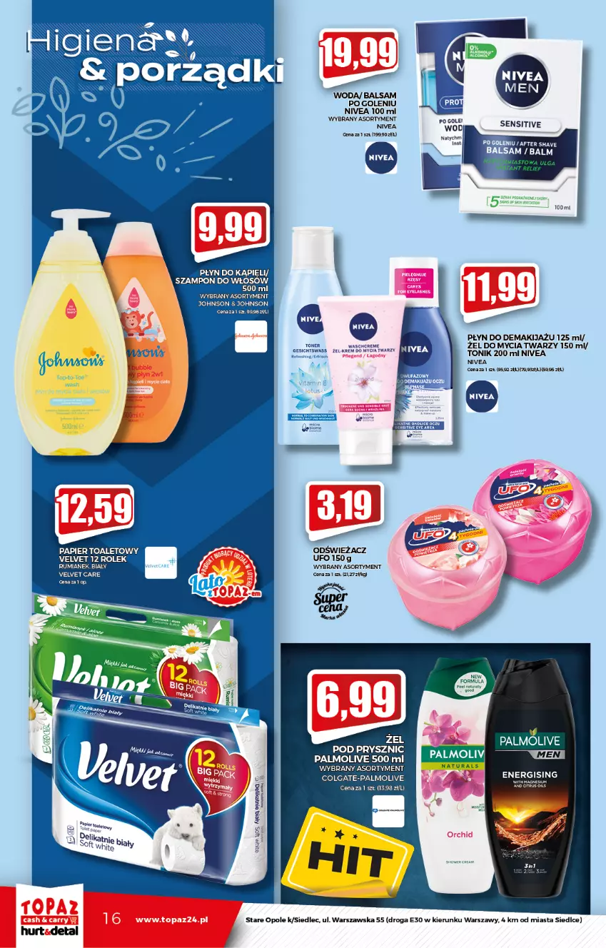 Gazetka promocyjna Topaz - Gazetka - ważna 19.08 do 25.08.2021 - strona 16 - produkty: Balsam po goleniu, Colgate, LG, Makijaż, Nivea, Palmolive, Papier, Papier toaletowy, Płyn do kąpieli, Por, Rum, Szampon, Tonik, Velvet, Woda