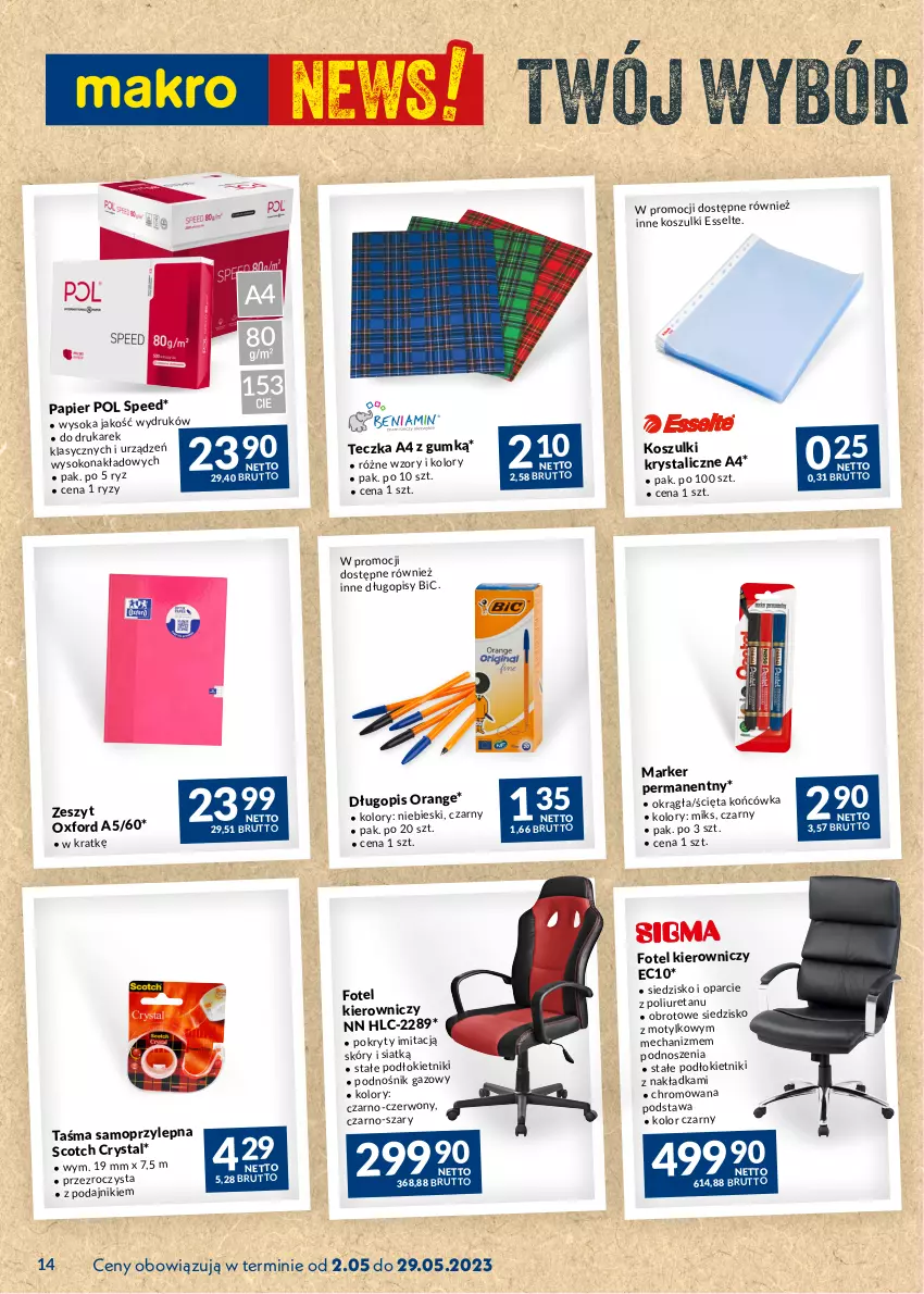 Gazetka promocyjna Makro - Najlepsze oferty - ważna 02.05 do 29.05.2023 - strona 14 - produkty: BIC, Długopis, Fotel, Kosz, Marker, Mop, Papier, Siedzisko, Sok