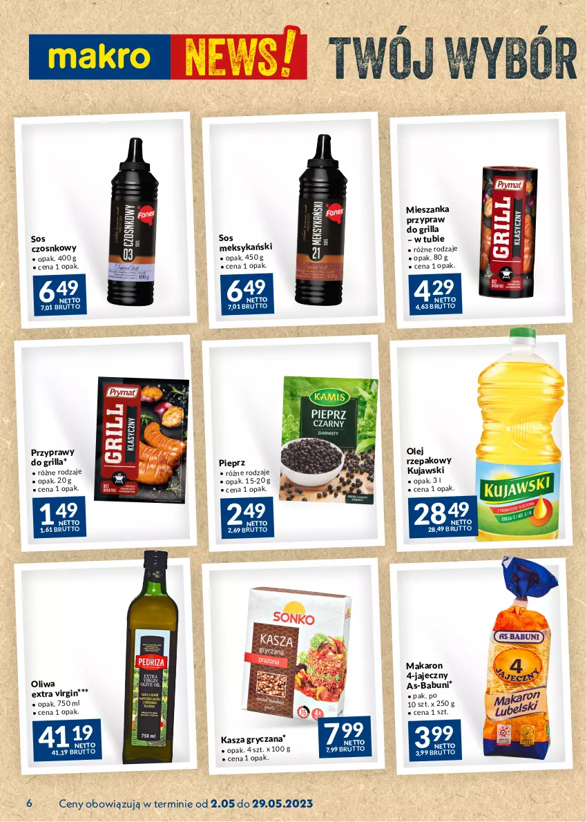 Gazetka promocyjna Makro - Najlepsze oferty - ważna 02.05 do 29.05.2023 - strona 6 - produkty: Babuni, Gin, Grill, Gry, Kasza, Kasza gryczana, Kujawski, Makaron, Olej, Pieprz, Sos, Sos czosnkowy