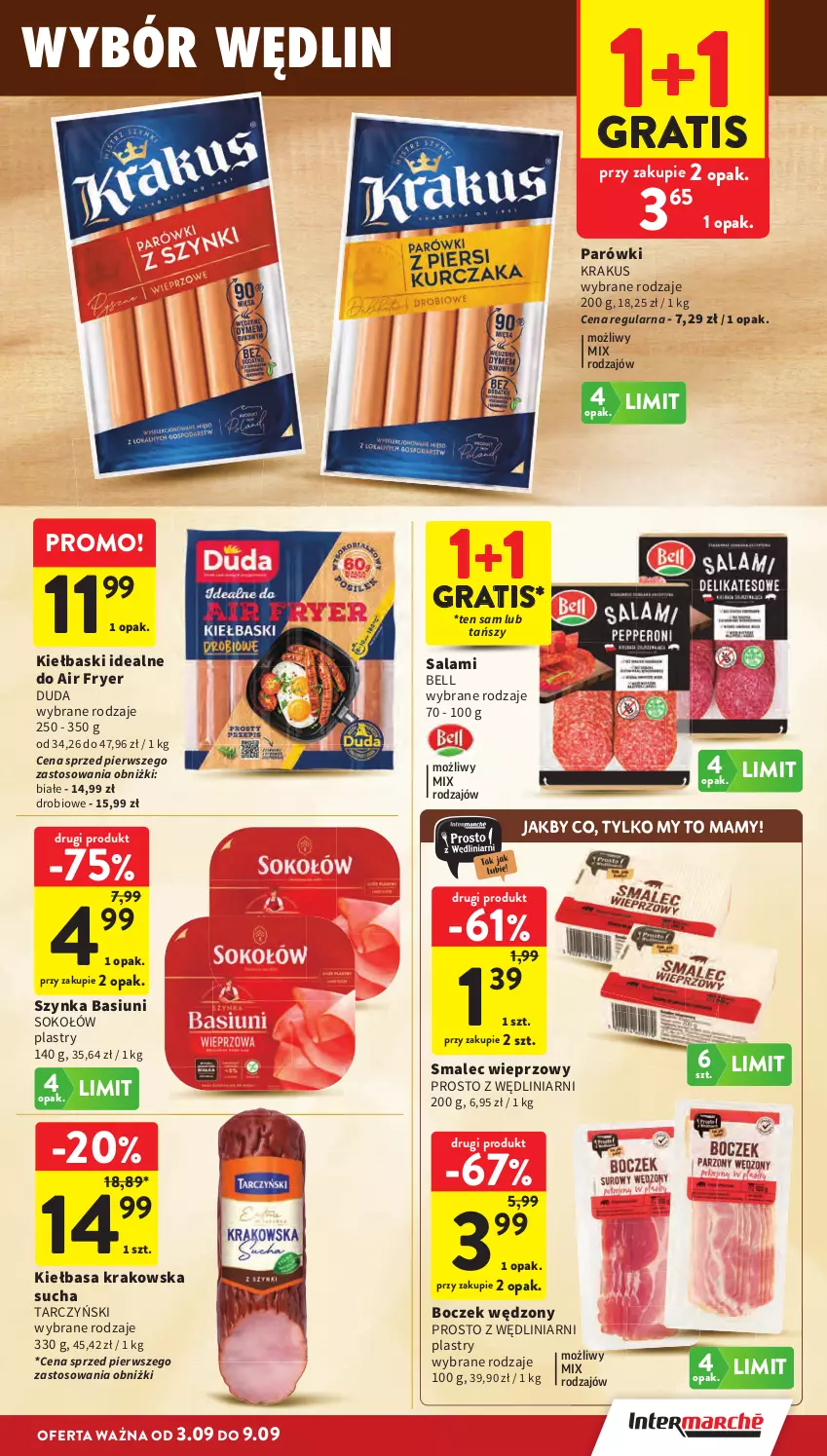 Gazetka promocyjna Intermarche - Gazetka Intermarche - ważna 03.09 do 09.09.2026 - strona 15 - produkty: Bell, Boczek, Duda, Gra, Kiełbasa, Kiełbasa krakowska, Krakus, Parówki, Salami, Smalec, Sok, Sokołów, Szynka, Tarczyński