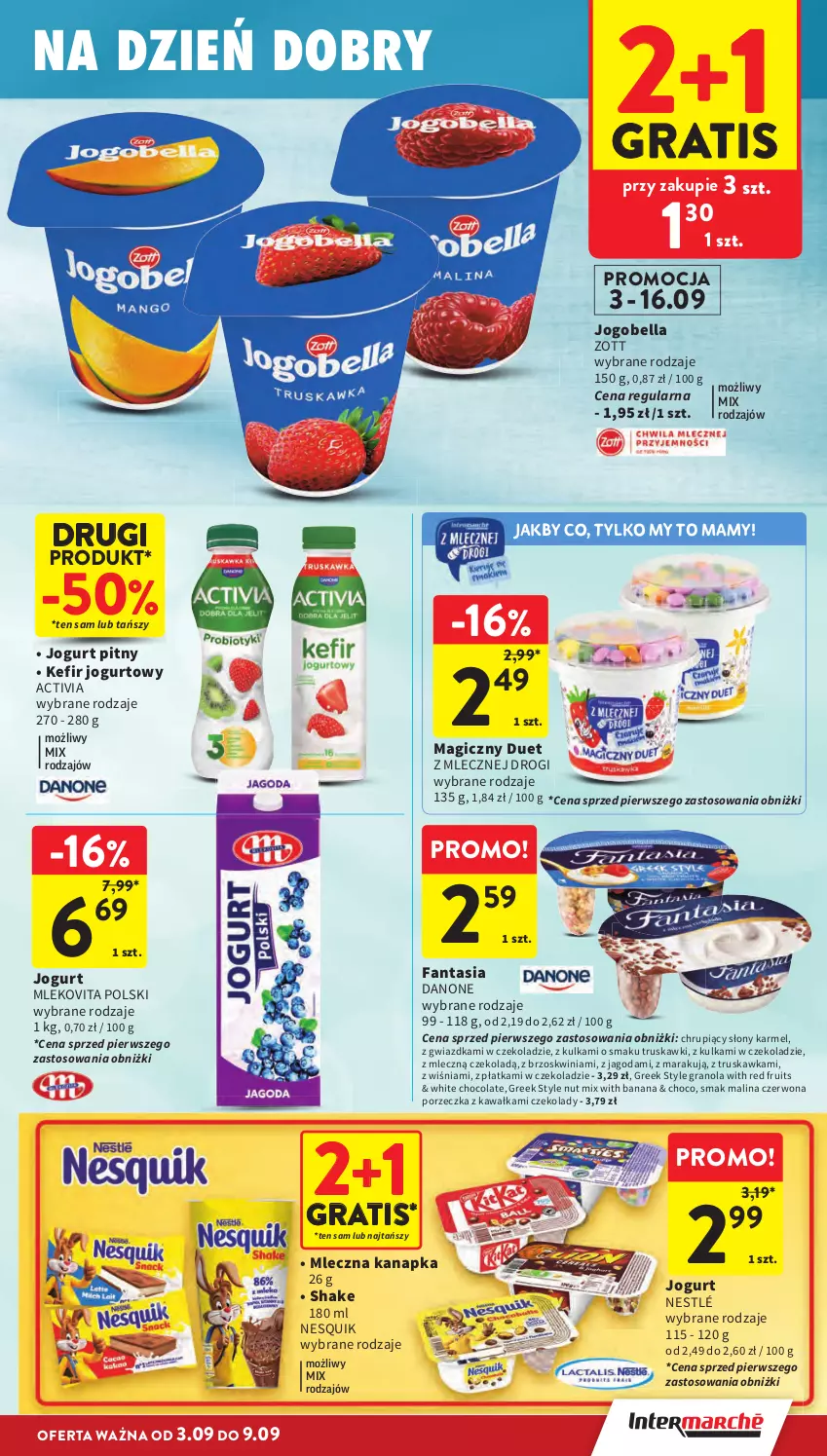 Gazetka promocyjna Intermarche - Gazetka Intermarche - ważna 03.09 do 09.09.2026 - strona 19 - produkty: Activia, Bell, Bella, Danone, Fa, Fanta, Gra, Granola, Jogobella, Jogurt, Jogurt pitny, Kawa, Kefir, Mleczna kanapka, Mleko, Mlekovita, Nesquik, Nestlé, Por, Truskawki, Zott