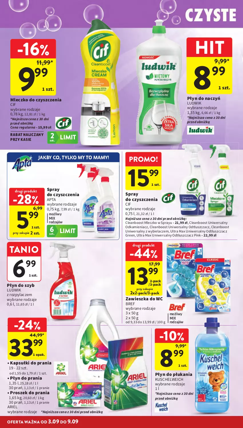 Gazetka promocyjna Intermarche - Gazetka Intermarche - ważna 03.09 do 09.09.2026 - strona 36 - produkty: Ariel, Bref, Cif, Kapsułki do prania, Ludwik, Mleczko, Odkamieniacz, Odtłuszczacz, Płyn do płukania, Płyn do prania, Płyn do szyb, Proszek do prania, Spray do czyszczenia, Zawieszka do wc