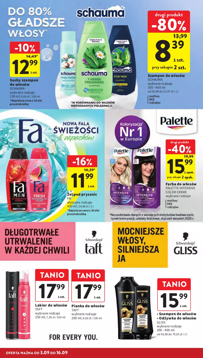 Gazetka promocyjna Intermarche - Gazetka Intermarche - ważna 03.09 do 09.09.2026 - strona 38 - produkty: Color Creme, Fa, Farba do włosów, Lakier, Lakier do włosów, Odżywka, Palette, Pianka do włosów, Schauma, Suchy szampon, Szampon, Taft