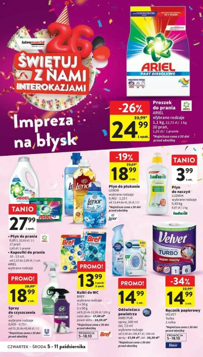 Gazetka promocyjna Intermarche - ważna 05.10 do 11.10.2023 - strona 37 - produkty: Ambi Pur, Ariel, Cif, Kapsułki do prania, Kulki do wc, Lenor, Ludwik, Papier, Płyn do płukania, Pur