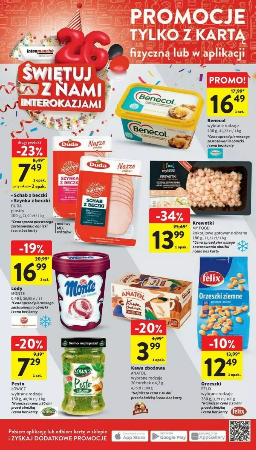 Gazetka promocyjna Intermarche - ważna 05.10 do 11.10.2023 - strona 4 - produkty: Benecol, Duda, Felix, Kawa, Kawa zbożowa, Krewetki, Lody, Monte, Orzeszki, Pesto, Szynka, Szynka z beczki