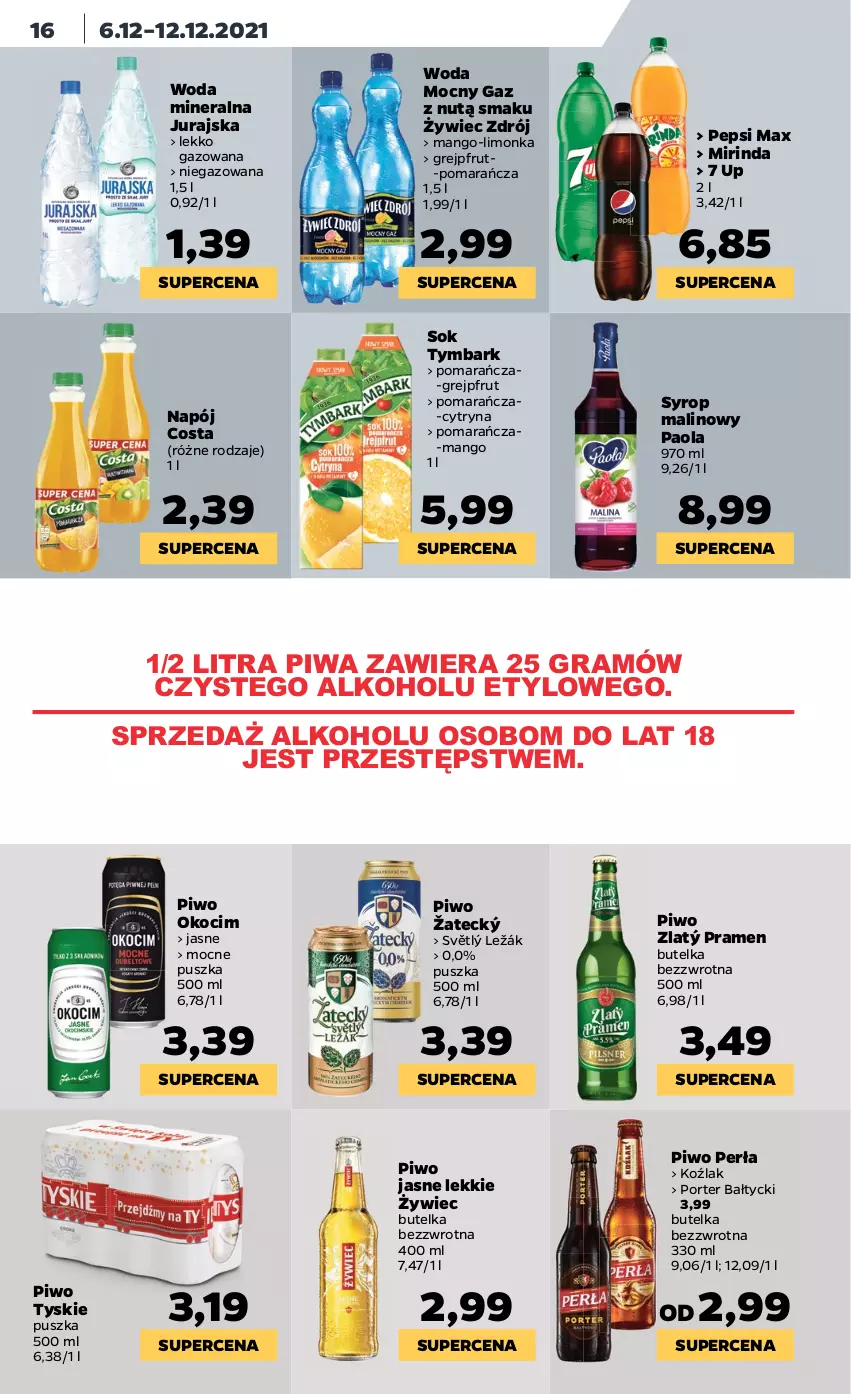 Gazetka promocyjna Netto - Gazetka spożywcza - ważna 06.12 do 12.12.2021 - strona 16 - produkty: Gra, Grejpfrut, Koc, Limonka, Mango, Mirinda, Napój, Okocim, Paola, Pepsi, Pepsi max, Perła, Piwa, Piwo, Piwo jasne, Por, Sok, Syrop, Tymbark, Tyskie, Woda, Woda mineralna