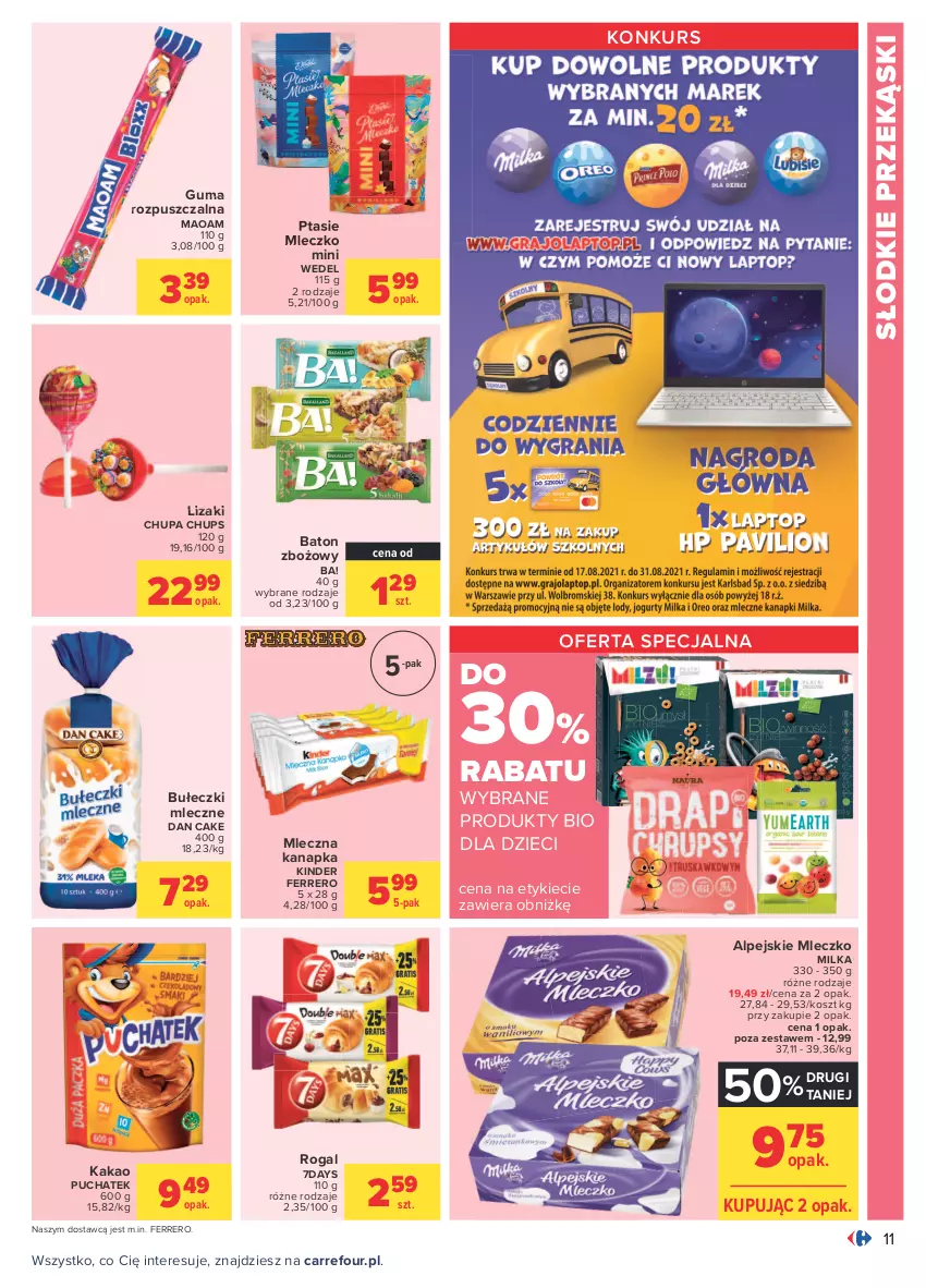 Gazetka promocyjna Carrefour - Gazetka Carrefour - ważna 23.08 do 04.09.2021 - strona 11 - produkty: Ba!, Baton, Bułeczki, Bułeczki mleczne, Chupa Chups, Dan Cake, Dzieci, Ferrero, Guma rozpuszczalna, Kakao, Kinder, Kosz, Lizaki, Milka, Mleczko, Mleczna kanapka, Ptasie mleczko, Rogal