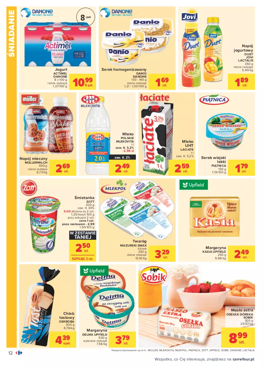 Gazetka promocyjna Carrefour - Gazetka Carrefour - ważna 23.08 do 04.09.2021 - strona 12 - produkty: Actimel, Chleb, Chleb tostowy, Danio, Danone, Delma, Jogurt, Kasia, Kosz, Margaryna, Masło, Mleko, Mlekovita, Müller, Müllermilch, Napój, Napój jogurtowy, Napój mleczny, Piątnica, Ser, Serek, Serek homogenizowany, Serek wiejski, Twaróg, Zott