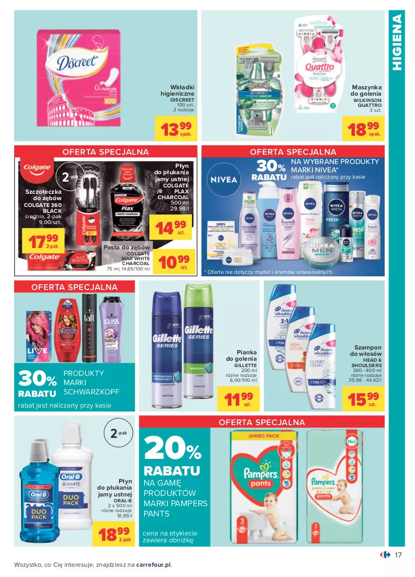 Gazetka promocyjna Carrefour - Gazetka Carrefour - ważna 23.08 do 04.09.2021 - strona 17 - produkty: Colgate, Discreet, Gillette, Lack, LG, Maszynka, Maszynka do golenia, Nivea, Pampers, Pasta do zębów, Pianka do golenia, Płyn do płukania, Płyn do płukania jamy ustnej, Schwarzkopf, Szampon, Szczoteczka, Szczoteczka do zębów, Szynka, Wkładki