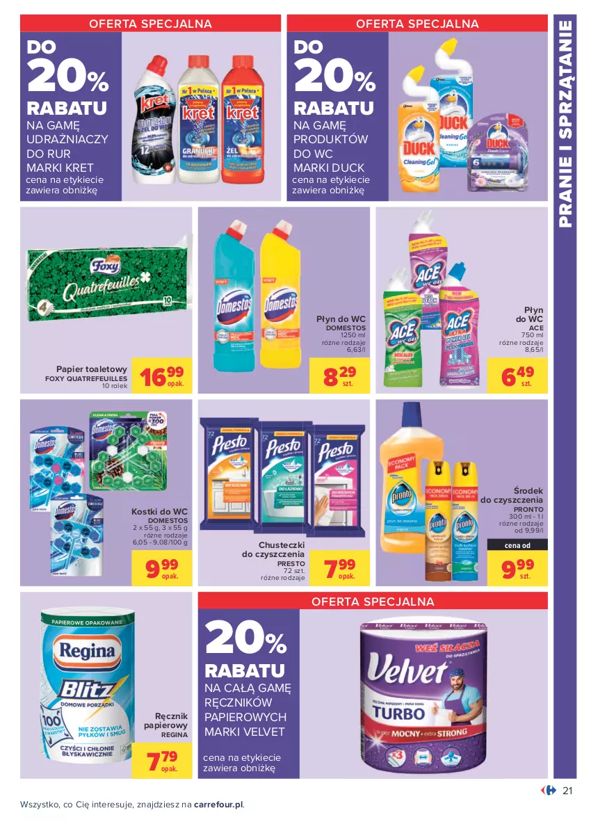 Gazetka promocyjna Carrefour - Gazetka Carrefour - ważna 23.08 do 04.09.2021 - strona 21 - produkty: Chusteczki, Chusteczki do czyszczenia, Domestos, Duck, Foxy, Gin, Kret, Papier, Papier toaletowy, Płyn do wc, Presto, Pronto, Ręcznik, Sprzątanie, Velvet