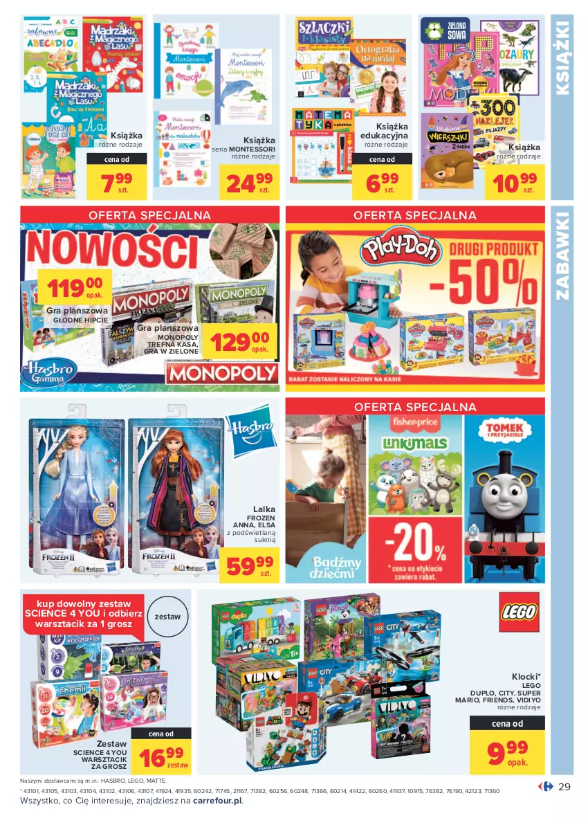 Gazetka promocyjna Carrefour - Gazetka Carrefour - ważna 23.08 do 04.09.2021 - strona 29 - produkty: Frozen, Gra, Hasbro, Klocki, Książka, Lalka, LEGO, LEGO Duplo, Monopoly, Monte, Ser